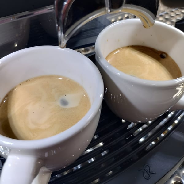Two white cups of espresso with crema, fresh from the coffee machine at The Coffee Grove Corp.
